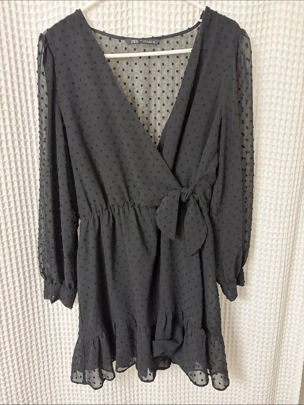 Zara Black Chiffon Mini Dress featuring Long Sleeves and flock swiss dot medium